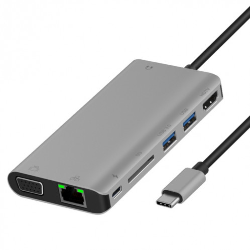 ONTEN 9591BD 8 en 1 USB-C / TYPE-C à PD USB-C / TYPE-C Chargement + Gigabit Ethernet + Dual USB 3.0 + HDMI + VGA + SD Slot de carte SD + 3.5mm Aux HUB (gris) SO921H1475-37