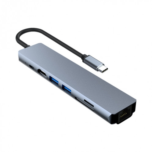 Adaptateur 7 en 1 RJ45 + SD/TF + USB 3.0 x 2 + HDMI + PD vers USB-C / Type-C HUB SH22571133-37