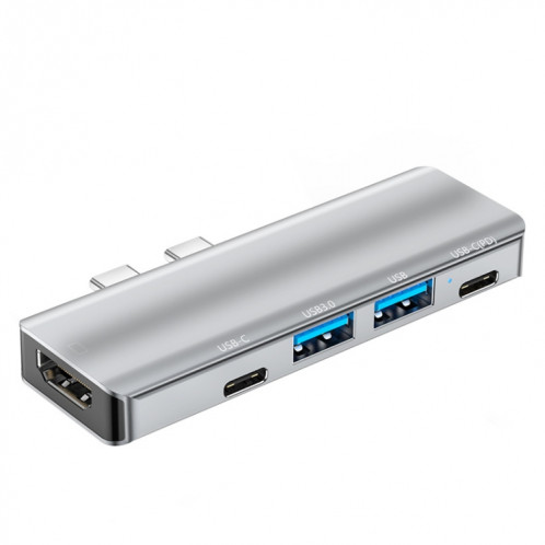 YG-2102 Adaptateur HUB de station d'accueil double USB-C / Type-C vers USB 5 en 1 (Argent) SH515S1242-38