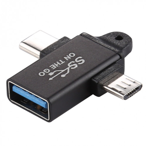 Adaptateur USB 3.0 Femelle vers Type-C / USB-C Mâle + Micro Mâle en Alliage d'Aluminium (Noir) SH955B778-35