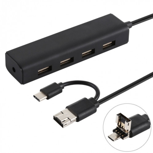 3 en 1 USB-C / Type C + Micro USB + 4 x Convertisseur de concentrateur USB 2.0, Longueur du câble: 12cm (Noir) SH757B1674-36