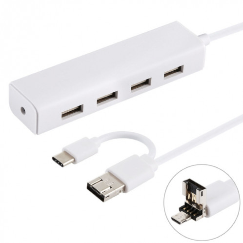 3 en 1 USB-C / Type C + Micro USB + 4 x Convertisseur de concentrateur USB 2.0, Longueur du câble: 12 cm (Blanc) SH757W1717-36