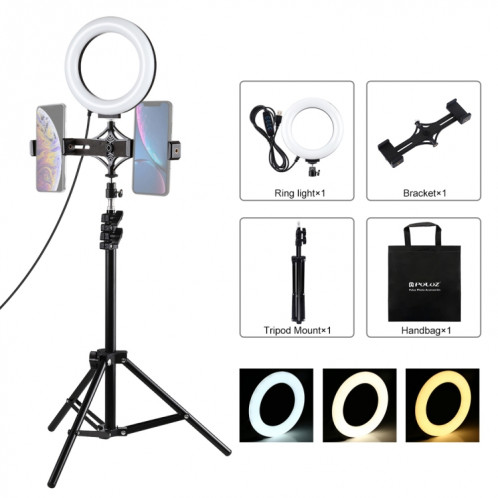Fixation de trépied PULUZ 1,1 m + support de diffusion en direct avec double support téléphonique + 6,2 pouces 16cm anneau LED Vlogging Kits de lumière vidéo SP3036919-315