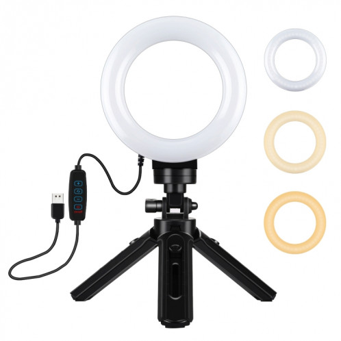 PULUZ 4,7 pouces 12cm USB 3 modes Dimmable Anneau LED Vlogging Photographie Lumières Vidéo + Kit de montage de trépied de poche avec tête de trépied à chaussure froide (Noir) SP058B1028-311