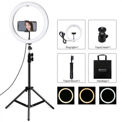 PULUZ 11,8 pouces 30 cm Lumière + 1,1 m Support de trépied Surface incurvée USB 3 modes Dimmable Anneau LED de température double couleur Vlogging Kits de diffusion en direct avec pince pour téléphone (Noir) SP063B927-315