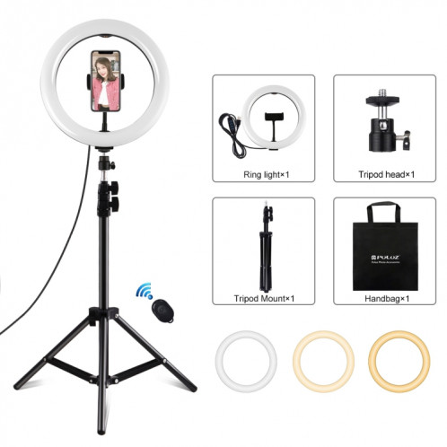 PULUZ 10,2 pouces 26cm Anneau lumineux + 1,1m Support de trépied USB 3 modes Dimmable Double température de couleur LED Lumière diffuse incurvée Vlogging Selfie Photography Video Lights avec pince de téléphone et SP069B1644-316