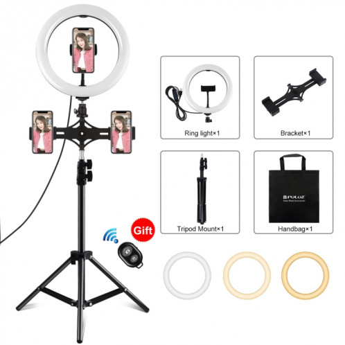 PULUZ 10.2 pouces 26cm Light + 1.1m Trépied Mount + Dual Phone Brackets USB 3 Modes Dimmable Dual Color Temperature LED Curved Diffuse Light Ring Vlogging Selfie Photography Video Lights with Phone Clamp & Selfie Remote SP070B384-316