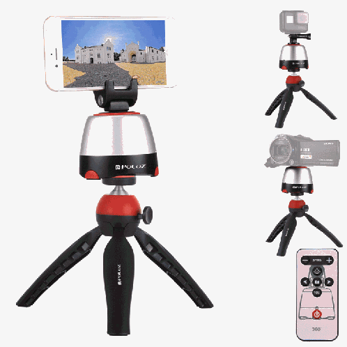 Tête panoramique PULUZ Electronic à rotation à 360 degrés + support de trépied + pince GoPro + pince de téléphone avec télécommande pour téléphones intelligents, GoPro, appareils photo DSLR (rouge) SP362R1861-321