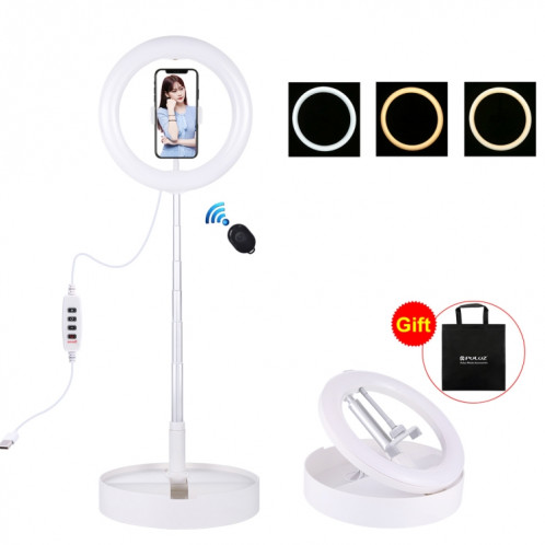 PULUZ 10.2 pouces 26cm USB 3 modes Dimmable Double température de couleur LED Anneau incurvé Vlogging Selfie Photographie Lumières vidéo avec obturateur à distance Bluetooth et support de bureau pliant et pince de SP480W780-317