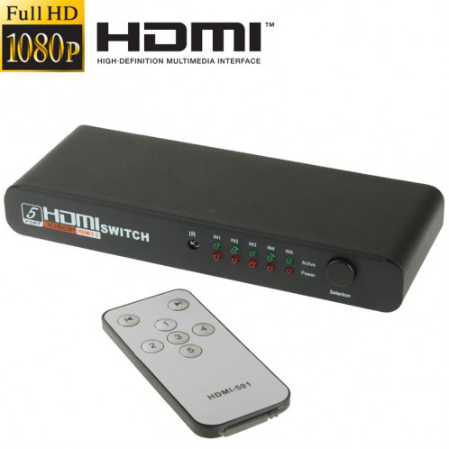 Commutateur HDMI 5 ports Full HD 1080P avec télécommande et voyant LED (noir) SH-501804-37
