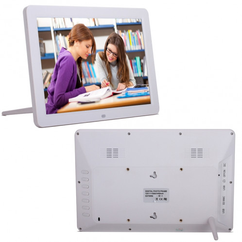 Cadre photo numérique multimédia à affichage LED de 12 pouces avec support / lecteur de musique et lecteur vidéo / fonction de télécommande, prise en charge USB / SD, haut-parleur stéréo intégré (blanc) SH017W141-311