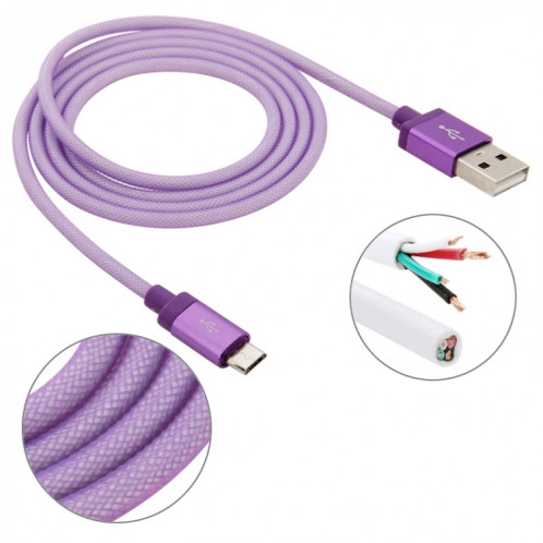 Câble de charge / données micro USB vers USB à tête métallique de haute qualité de style net de 1 m, Câble Micro USB vers USB de 1 m avec tête en métal de haute qualité (violet) SH230P1802-36