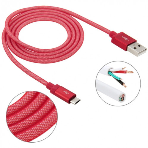 Câble de données / de charge Micro USB vers USB à tête métallique de haute qualité de style net de 1 m, Câble Micro USB vers USB de 1 m avec tête en métal de haute qualité (rouge) SH230R1467-36
