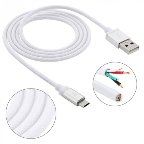 1m Net Style Tête en métal de haute qualité Micro USB vers USB Câble de données / de charge, Câble Micro USB vers USB de 1 m avec tête en métal de haute qualité (blanc) SH230W525-36