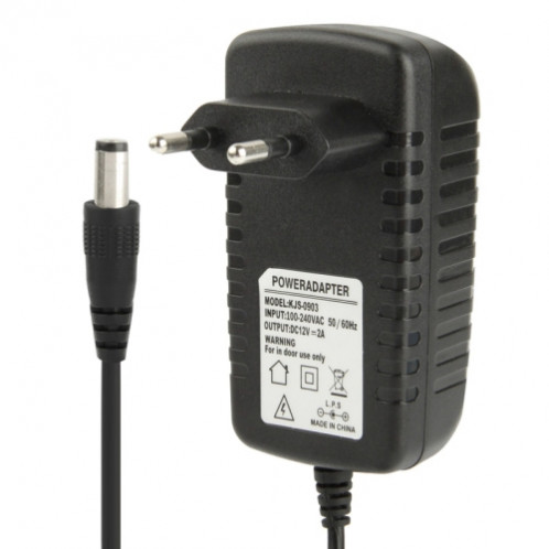 Adaptateur secteur de haute qualité EU Plug AC 100-240V à DC 12V 2A, embouts: 5,5 x 2,1 mm, longueur du câble: 1 m (noir) SH002A1616-34