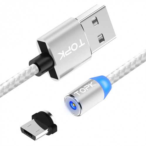 TOPK AM23 1m 2.4A Max USB vers Micro USB Câble de Charge Magnétique Tressé en Nylon avec Indicateur LED (Argent) ST482S1334-38
