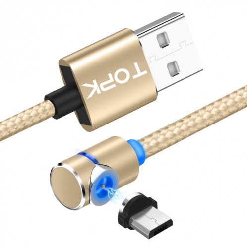 TOPK AM30 Câble de charge magnétique coudé à 90 degrés USB vers micro USB 1 m 2,4 A max avec indicateur LED (doré) ST484J954-310