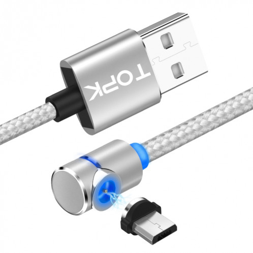 TOPK AM30 Câble de charge magnétique coudé à 90 degrés USB vers micro USB 1 m 2,4 A max avec indicateur LED (argent) ST484S339-310