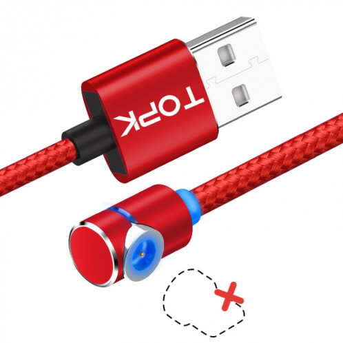 TOPK AM30 2m 2.4A Max Câble de charge magnétique coudé à 90 degrés USB avec indicateur LED, sans prise (rouge) ST563R1426-39