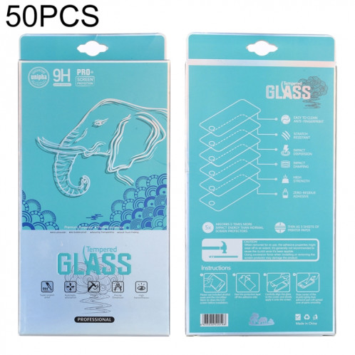 50 pièces de papier à motif d'éléphant extérieur + boîte d'emballage intérieure en plastique pour protecteur d'écran en verre trempé SH53161964-33