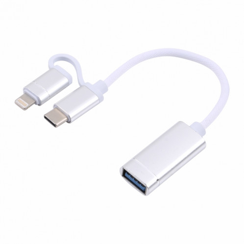 USB 3.0 Femme à 8 broches + USB-C / Type-C Chargement mâle + Transmission OTG Nylon TRAIDÉ Câble tressé, Durée du câble: 11cm (argent + blanc) SH197A652-35