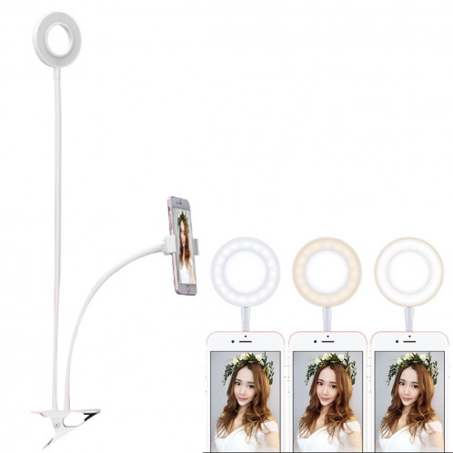 Clip Style Universal Support de téléphone portable Support Selfie Ring Light avec 3-Color Light Adjustment, pour l'enregistrement en studio, diffusion en direct, Live Show, KTV, etc. (Blanc) SH502W137-37