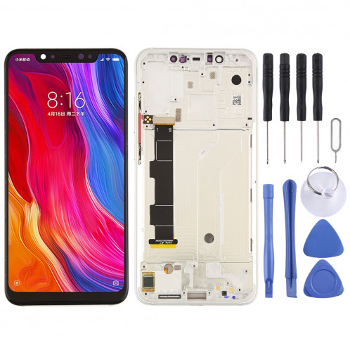 Ecran LCD et numériseur Assemblage complet avec cadre et touches latérales pour Xiaomi Mi 8 (Argent) SH226S1130-36