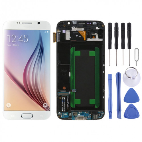 Écran LCD Super AMOLED d'origine pour Samsung Galaxy S6 SM-G920F Assemblage complet du numériseur avec cadre (Blanc) SH173W1924-35