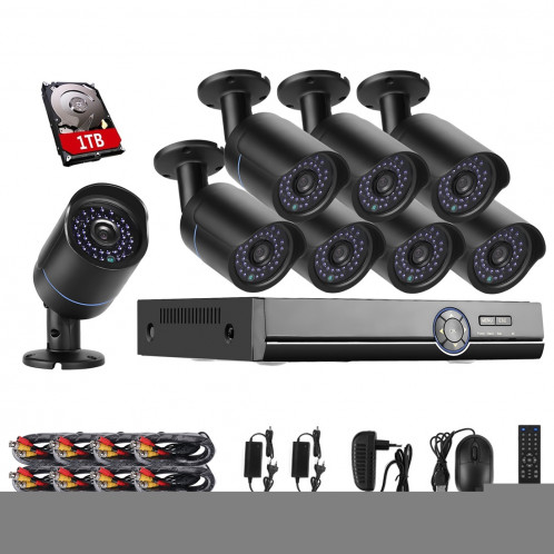 COTIER A8B5 8 canaux 720P 1,0 Mega 8 caméras IP Bullet Kit AHD DVR avec 1 disque dur de disque dur, prise en charge de vision nocturne / détection de mouvement, Distance IR: 20 m (noir) SC256B214-318