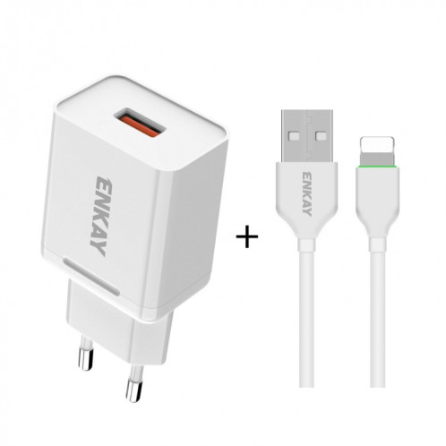 ENKAY Hat-Prince T033 18W 3A QC3.0 adaptateur d'alimentation de charge rapide prise ue chargeur de voyage Portable avec câble 3A 1m 8 broches SE1601471-39