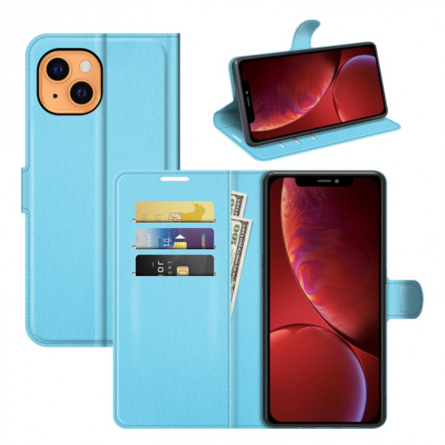 Pour iPhone 13 Litchi Texture Horizontal Flip Cas de protection avec porte-carte Slots & Portefeuille (bleu) SH601F628-37