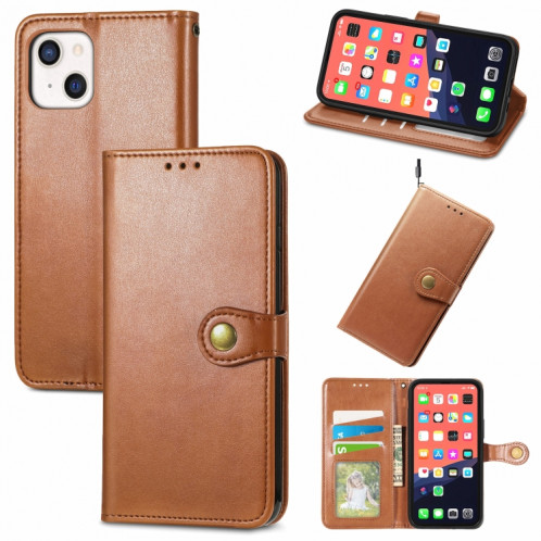 Pour iPhone 13 Mini Coque en cuir de couleur unie, boîtier de téléphone avec lanière et cadre photo, fente et portefeuille et fonction de portefeuille (brun) SH804E999-37