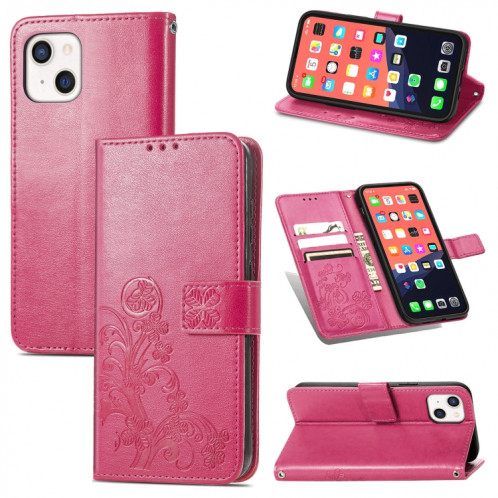 Pour iPhone 13 Fermoir au trèfle à quatre feuilles Boucle en relief Boucle mobile Protection de téléphone portable Coque en cuir avec lanière et fente de cartes et de portefeuille et de support (magenta) SH903A284-37