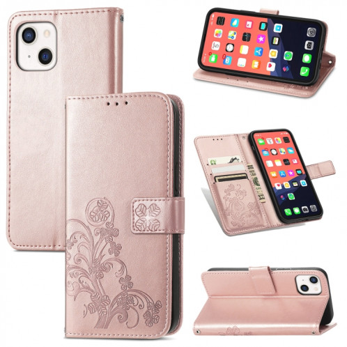 Pour iPhone 13 Fermoir au trèfle à quatre feuilles Boucle en relief Boîtier de protection de téléphone mobile avec lank & Card Fente et portefeuille (or rose) SH903B32-37