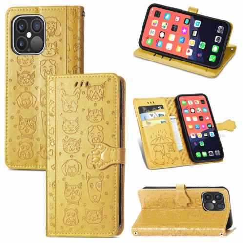 Étui de cuir horizontal horizontal de chat et de chien mignon avec support & carte Slots & Portefeuille et longe pour iPhone 13 Pro (Jaune) SH002E358-37