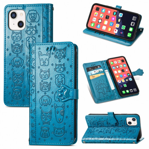 Étui de cuir horizontal horizontal de chat et de chien mignon avec support et portefeuille et portefeuille pour iPhone 13 (bleu) SH003C1643-37