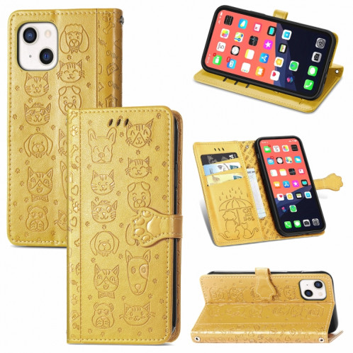 Coque jolie chat et chien enduit horizontal horizontal boîtier avec support et machine à sous de carte et portefeuille et longe pour iPhone 13 (jaune) SH003E1657-37