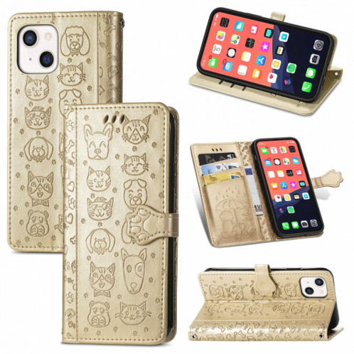 Étui de cuir horizontal horizontal de chat et de chien mignon avec support et portefeuille de cartes et portefeuille et longe pour iPhone 13 (or) SH003F924-37