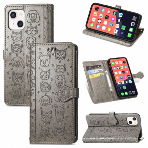 Étui en cuir horizontal horizontal de chat et de chien mignon avec support et portefeuille et portefeuille pour iPhone 13 (gris) SH003H1272-37