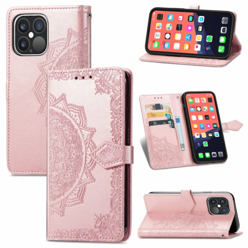 Horizon horizontal horizontal de Mandala avec support & Three Card Slots & Wallet & Lanière pour iPhone 13 Pro (Rose Gold) SH302B434-37