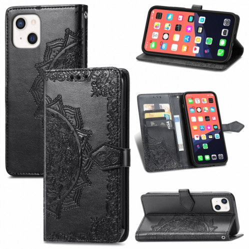 Horizon Horizontal horizontal en relief de Mandala avec support & Three Card Slots & Wallet & Lanière pour iPhone 13 (Noir) SH303A288-37