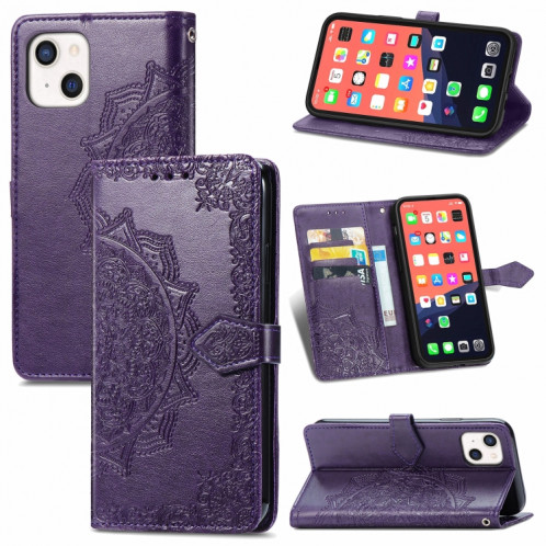 Horizon Horizontal Horizontal de Fleur Mandala avec support & Three Card Slots & Wallet & Lanière pour iPhone 13 (violet) SH303F356-37