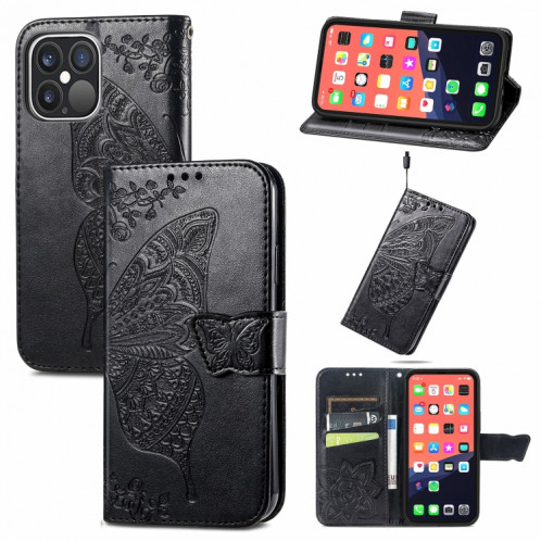 Boîtier à rabat horizontal horizontal en relief de papillon avec support / portefeuille / portefeuille pour iPhone 13 Pro (Noir) SH802A1027-37