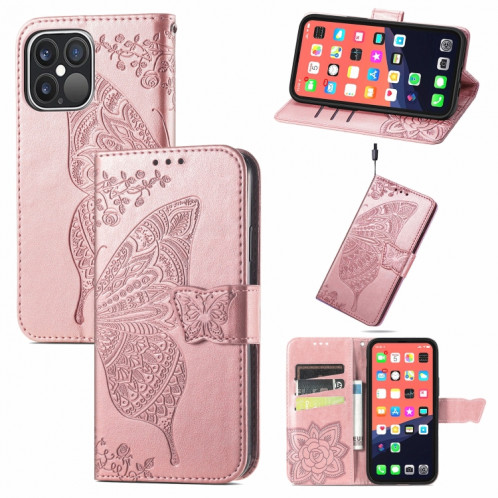 Coque horizontale horizontale à fleurs d'amour papillon avec support / porte-cartes / portefeuille / lanière pour iPhone 13 Pro (Rose Gold) SH802C356-37