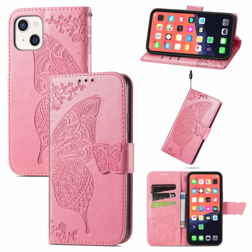 Boîtier en cuir horizontal horizontal à fleurs d'amour papillon avec support / portefeuille / portefeuille / lanière pour iPhone 13 mini (rose) SH804B342-37