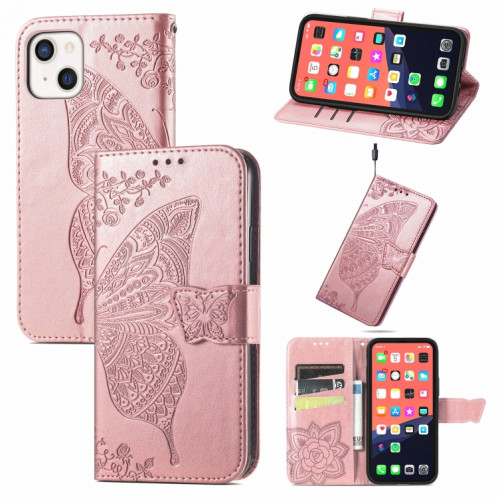 Boîtier en cuir horizontal horizontal à fleur d'amour papillon avec support / portefeuille / portefeuille / lanière pour iPhone 13 mini (or rose) SH804C1162-37