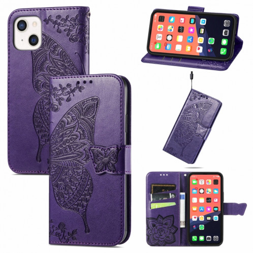 Boîtier en cuir horizontal horizontal à fleur d'amour papillon avec support / portefeuille / portefeuille / lanière pour iPhone 13 mini (violet foncé) SH804F275-37