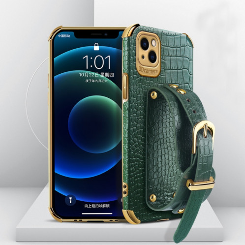 Étui en cuir de motif de crocodile TPU galvanoplié avec bracelet pour iPhone 13 (vert) SH903D1189-39