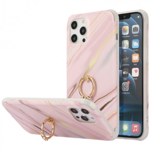 Étui de couverture arrière en marbre en marbre d'or de quatre coins à flux d'or avec anneau en strass en métal pour iPhone 13 Pro (rose) SH202E28-37