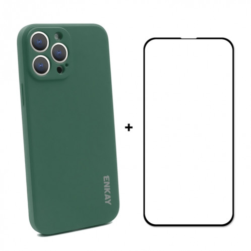 Hat-Prince Enkay Enkay Silicone de protection antichoc baisse Couvercle de protection chute + film de protection en verre trempé pour iPhone 13 Pro Max (vert foncé) SE601D1363-38